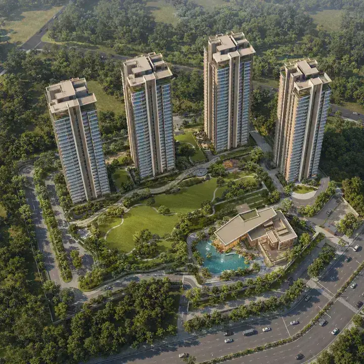 Prestige Windgate aerial view of the four-tower community on Thanisandra Main Road with around 80% open space Prestige Windgate aerial view of the four-tower community on Thanisandra Main Road with around 80% open space