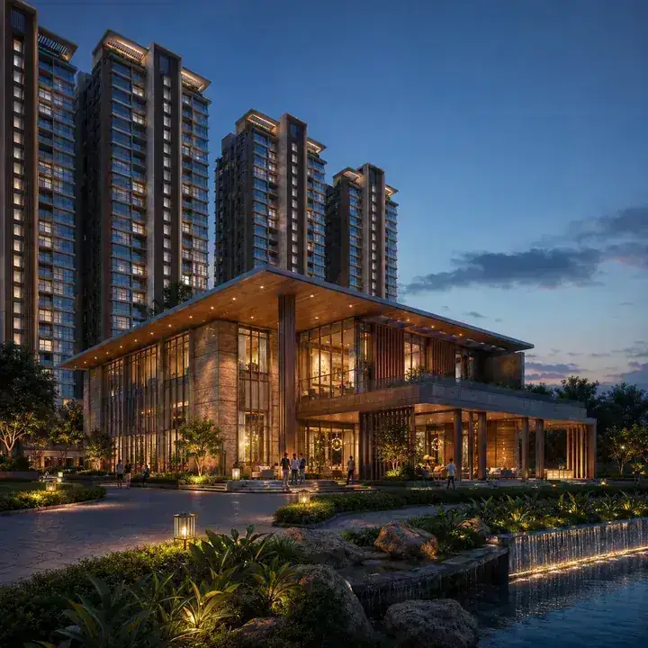 Prestige Windgate standalone clubhouse illuminated at dusk Prestige Windgate standalone clubhouse illuminated at dusk