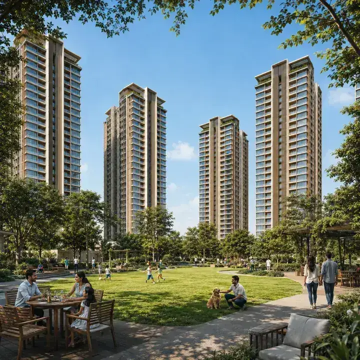 Prestige Windgate landscaped central green with breeze-harvesting tower spacing Prestige Windgate landscaped central green with breeze-harvesting tower spacing