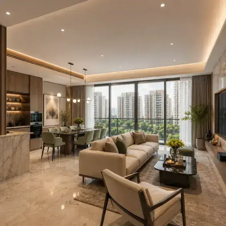 Prestige Windgate representative 3 BHK living-dining interior Prestige Windgate representative 3 BHK living-dining interior