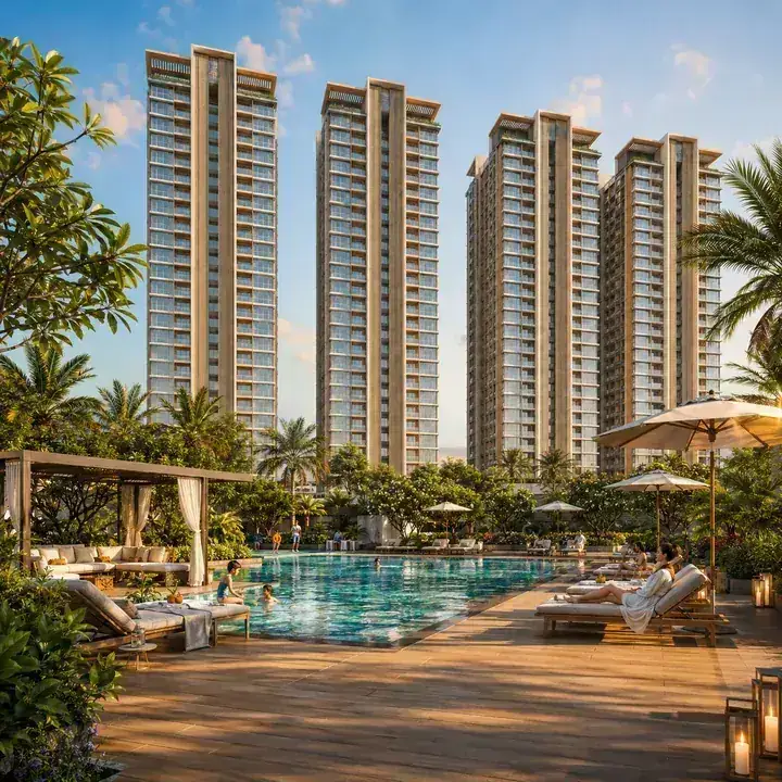 Prestige Windgate resort-style swimming pool deck with the towers behind Prestige Windgate resort-style swimming pool deck with the towers behind