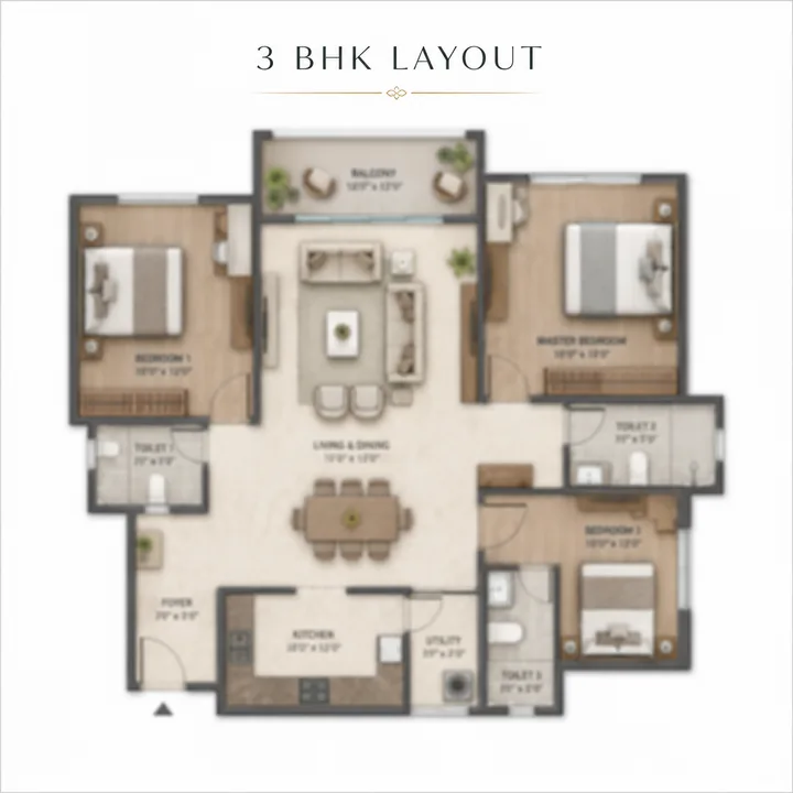 Prestige Windgate 3 BHK floor plan layout (about 1,250 sq ft) Prestige Windgate 3 BHK floor plan layout (about 1,250 sq ft)